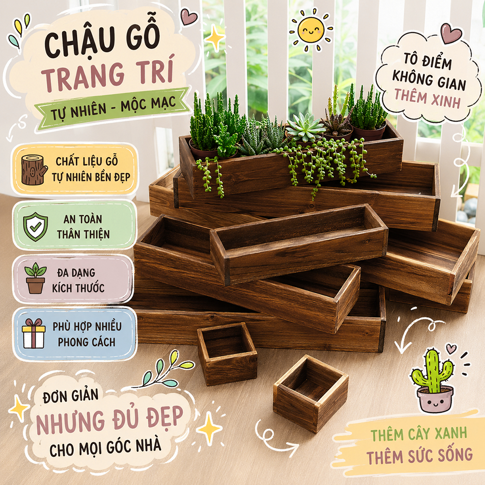 Chậu gỗ màu nâu óc chó trồng cây trang trí ban công, sân thượng. Chậu trồng sen đá, xương rồng cây mini