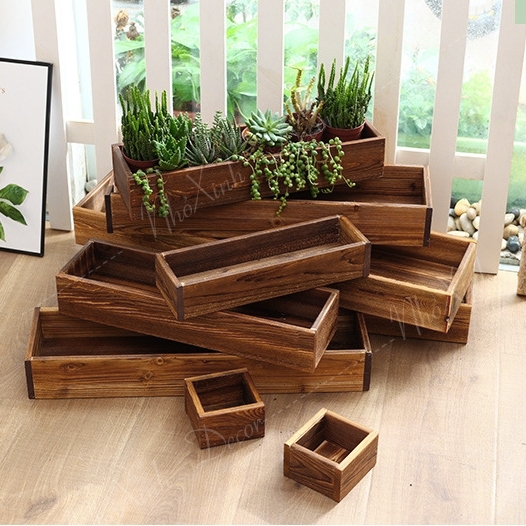 Chậu gỗ màu nâu óc chó trồng cây trang trí ban công, sân thượng. Chậu trồng sen đá, xương rồng cây mini