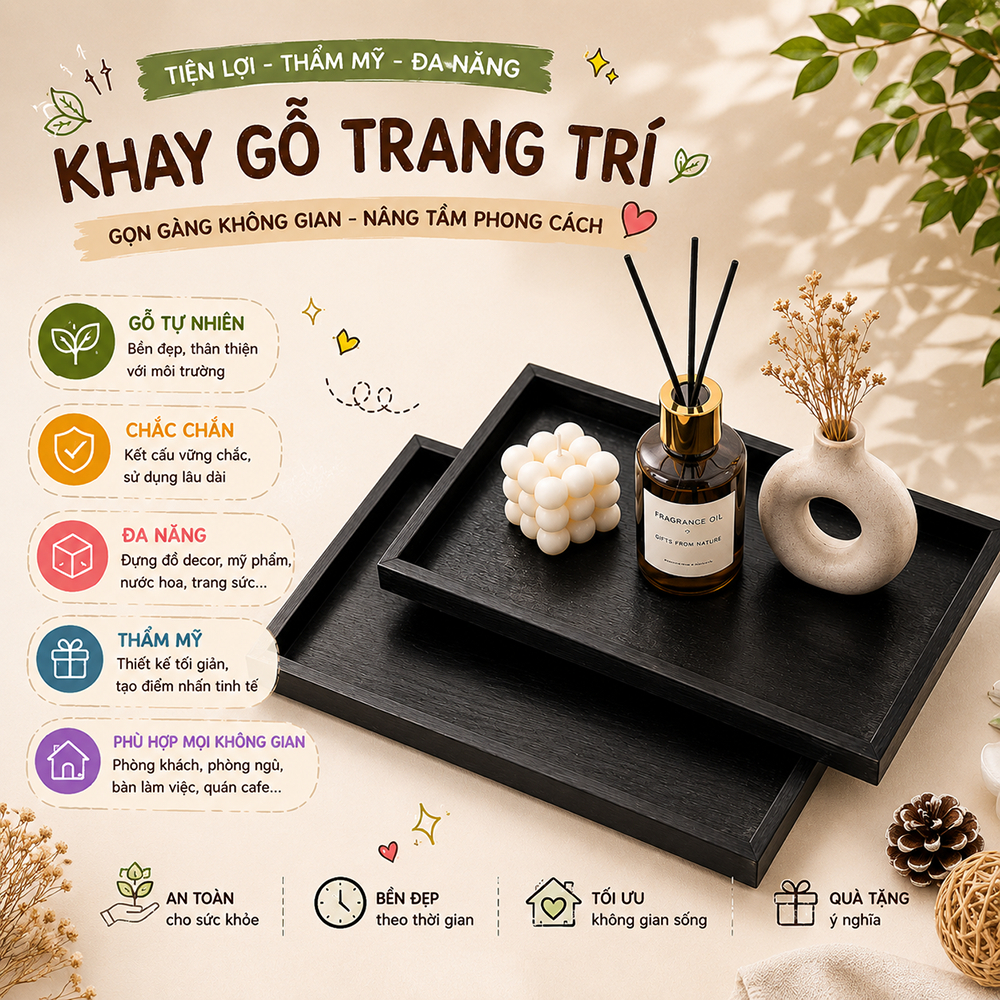 [Đọc mô tả] Khay gỗ màu đen decor chụp ảnh, khay cafe, nhà hàng, khách sạn, homestay