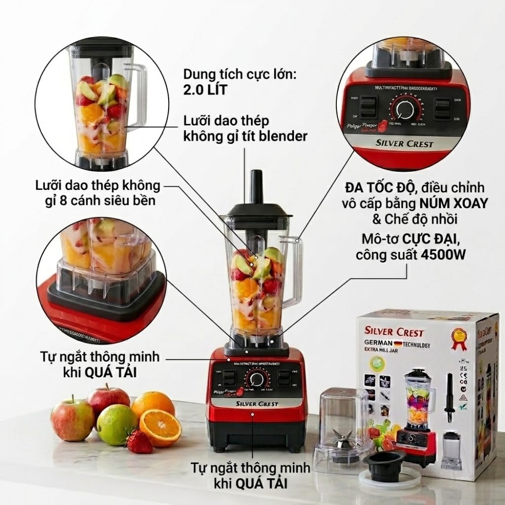 [ BẢN 2 CỐI XAY ] Máy Xay Sinh Tố Đa Năng SILVER CREST, Máy Xay Công Nghiệp 2 Cối Xay Công Suất 4500W,15 Mức Xay Cao Cấp