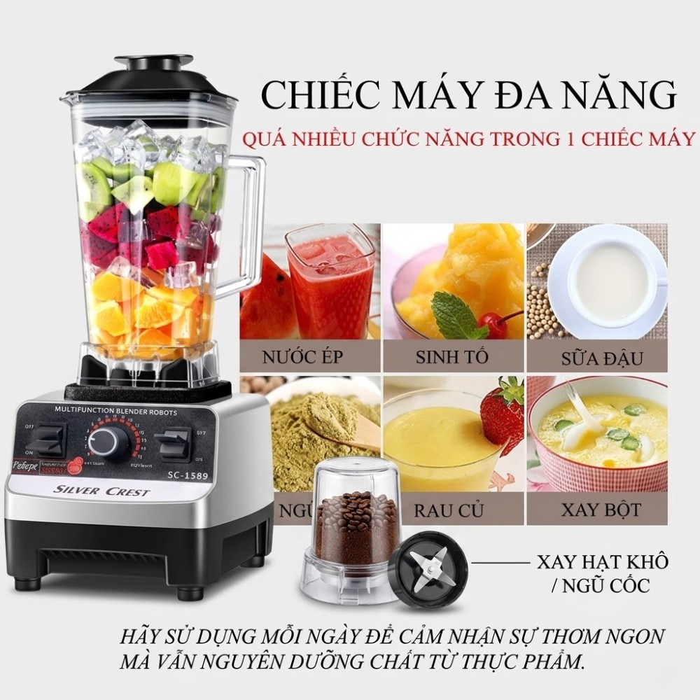 [ BẢN 2 CỐI XAY ] Máy Xay Sinh Tố Đa Năng SILVER CREST, Máy Xay Công Nghiệp 2 Cối Xay Công Suất 4500W,15 Mức Xay Cao Cấp