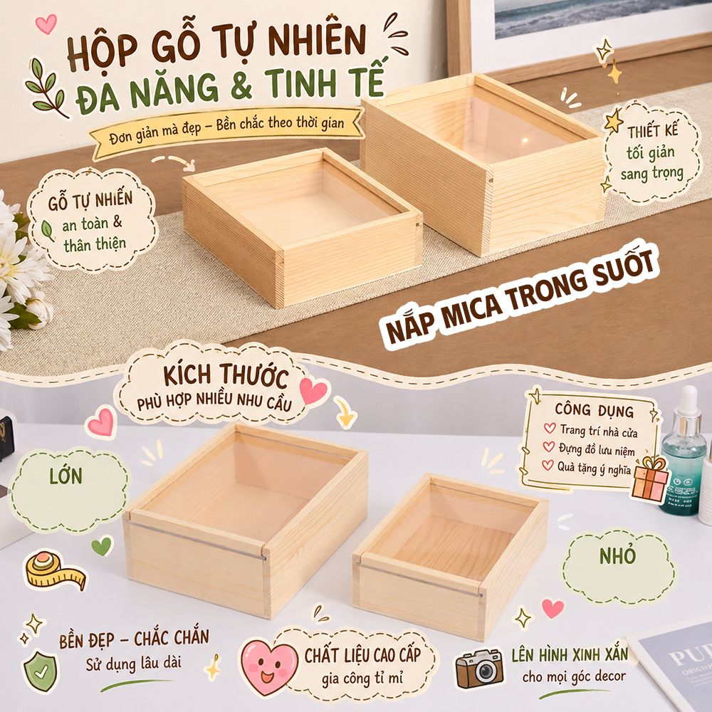 Hộp gỗ đựng mô hình trang trí, hôp gỗ decor, hộp đựng trang sức trang trí handmade hoa khô quà tặng