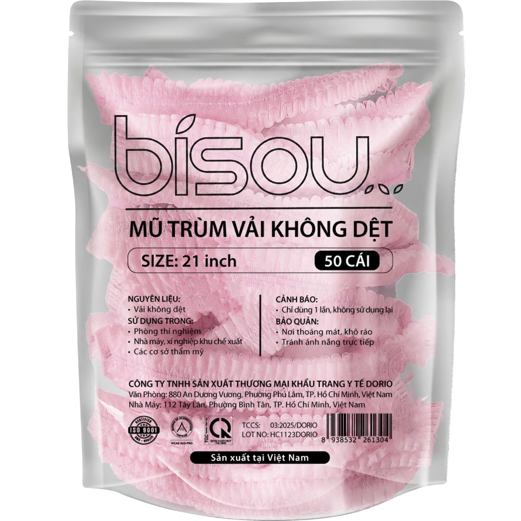 Mũ trùm đầu vải không dệt hiệu BISOU túi 50 cái