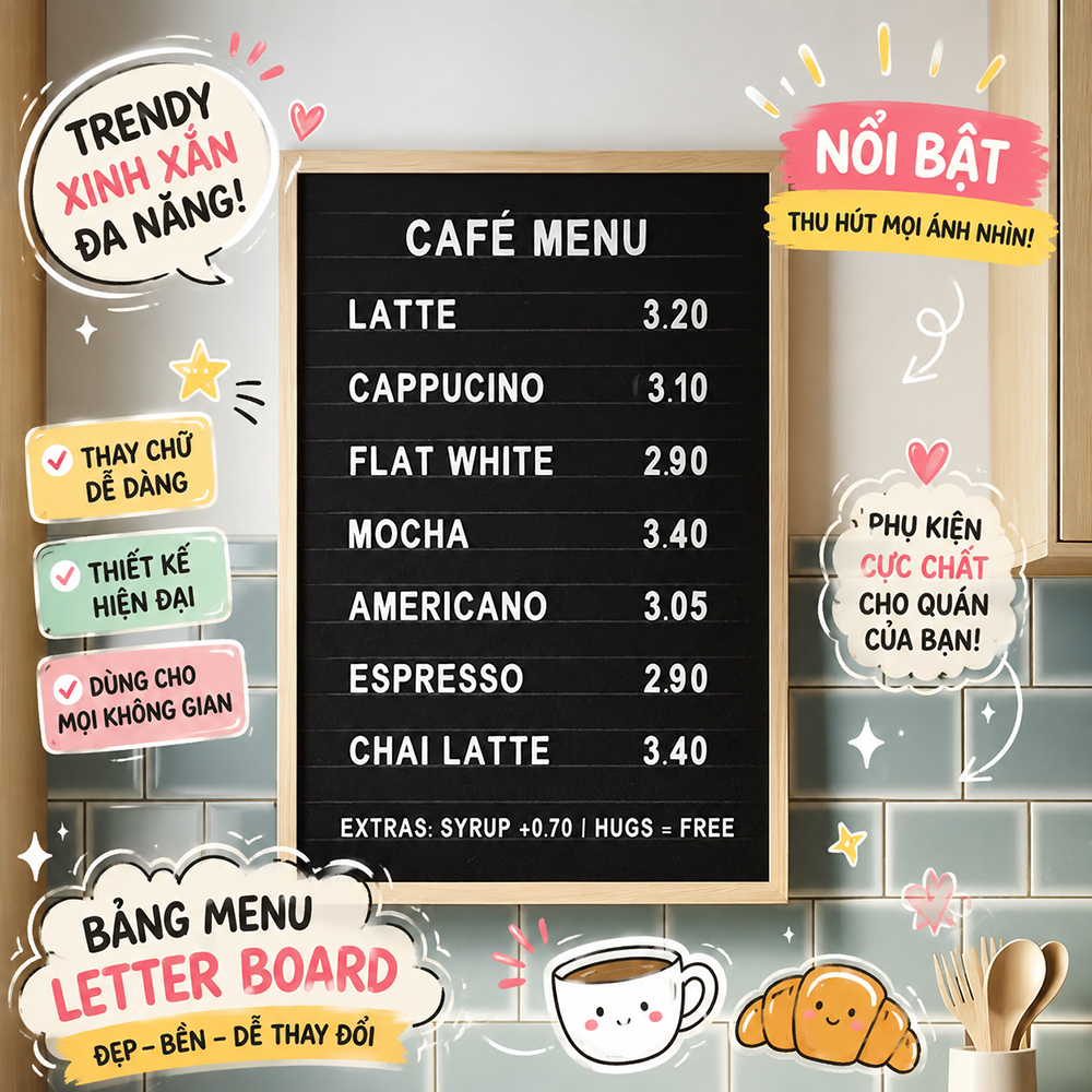 Bảng đen viết bút dạ quang, để bàn dựa tường, treo tường, bảng đen menu nhà hàng, quán ăn, cafe