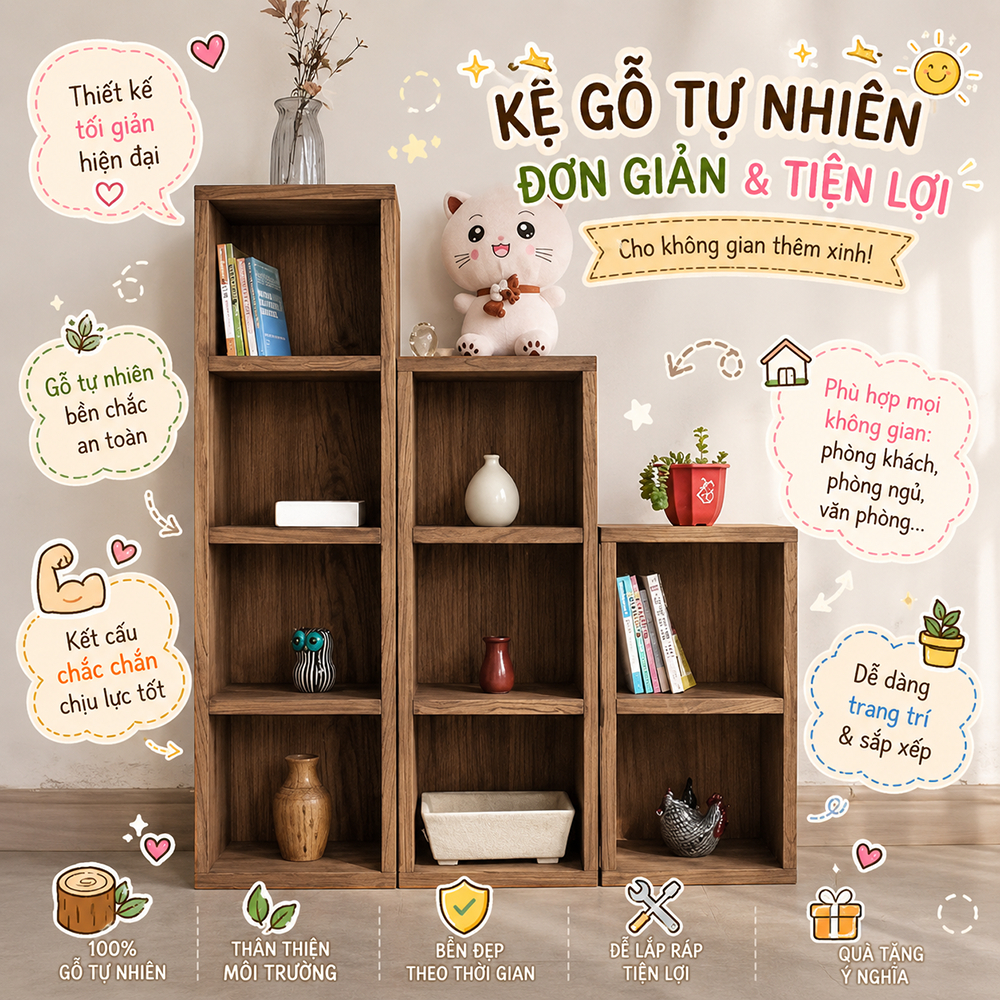Kệ gỗ, kệ sách decor trang trí màu nâu óc chó, kệ mô hình, để đồ chơi