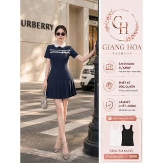 VT24339 - Đầm Nữ Cổ Tròn Phối Nơ Trắng, Váy Ngắn Dáng Xòe Xếp Ly Thanh Lịch