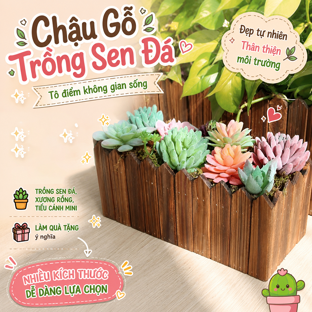 Chậu gỗ trồng cây cảnh trang trí, chậu trồng cây ban công, trang trí ban công, trồng sen đá, xương rồng