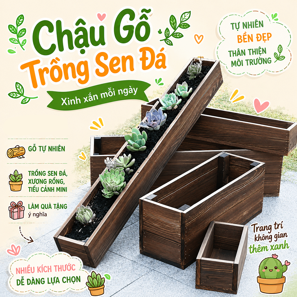 Chậu gỗ trồng cây ban công nhiều kích thước màu nâu óc chó, chậu gỗ trồng sen đá cây cảnh mini trang trí decor