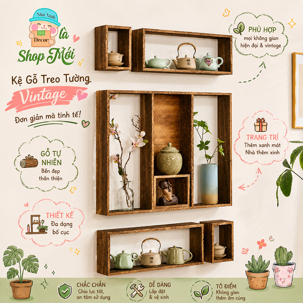 Combo 6 kệ treo tường màu nâu óc chó decor trang trí