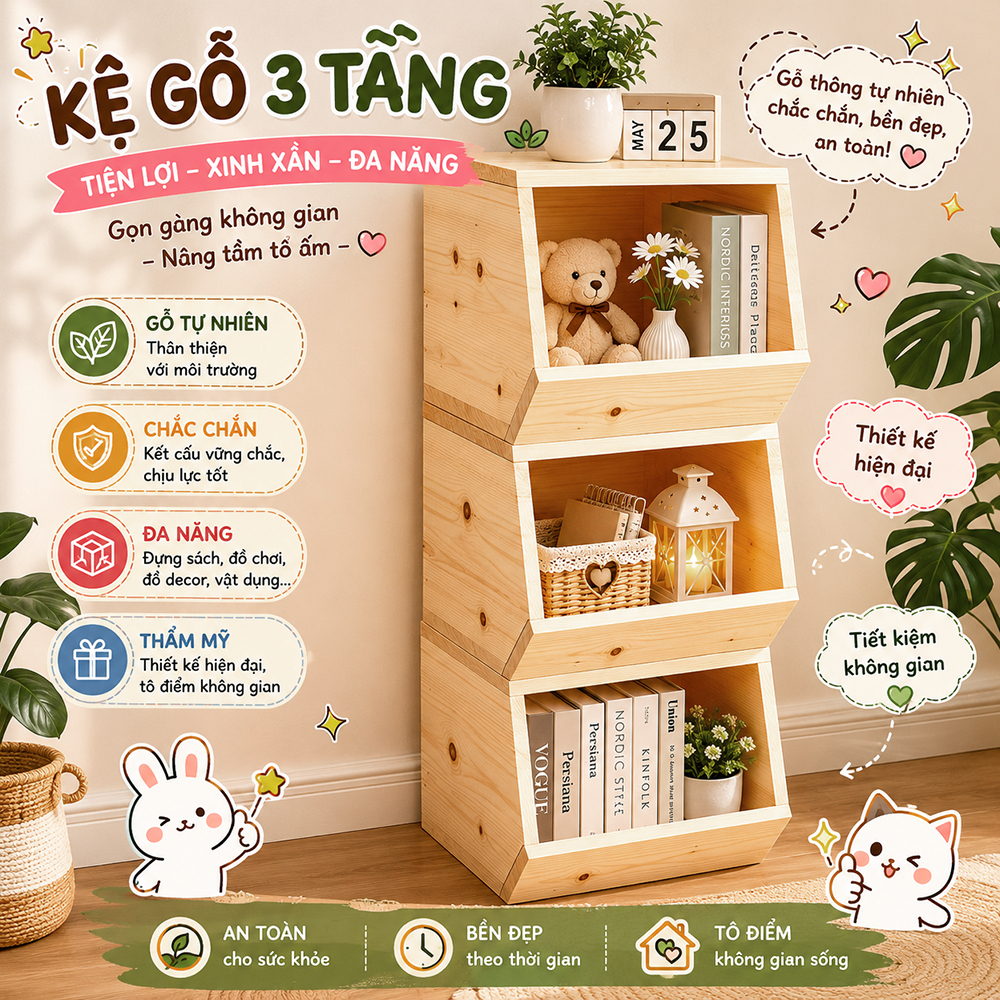 [combo 3 ô] Hộp tủ để đồ chơi, để sách vở, kệ để đồ decor trang trí 3 ngăn [lẻ từng ngăn, có thể để rời]