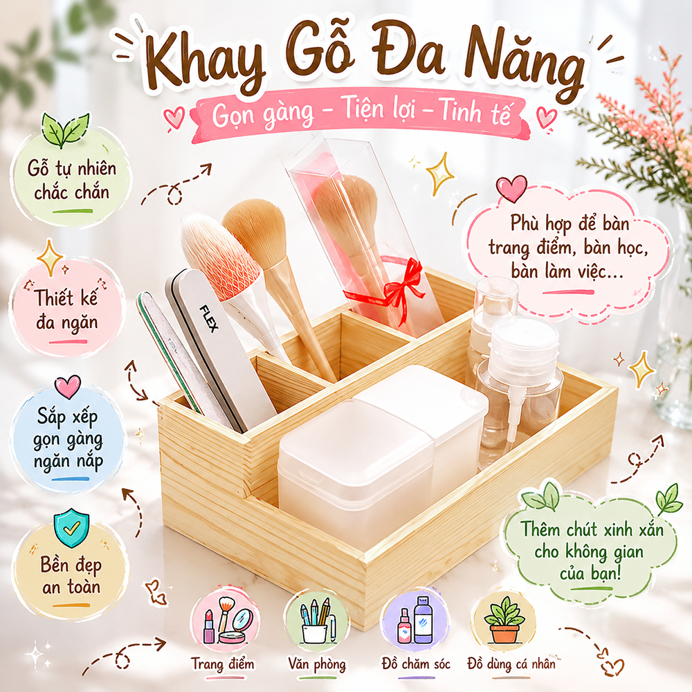 Hộp gỗ 2 tầng 4 ngăn để bút thước, để đồ phụ kiện đa năng màu mộc tự nhiên