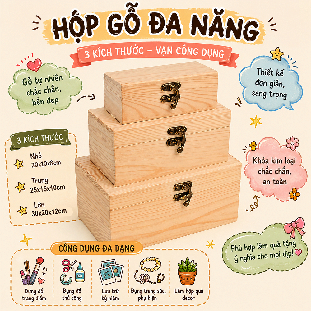 Hộp gỗ đựng trang sức, đựng đồ phụ kiện đa năng để bàn
