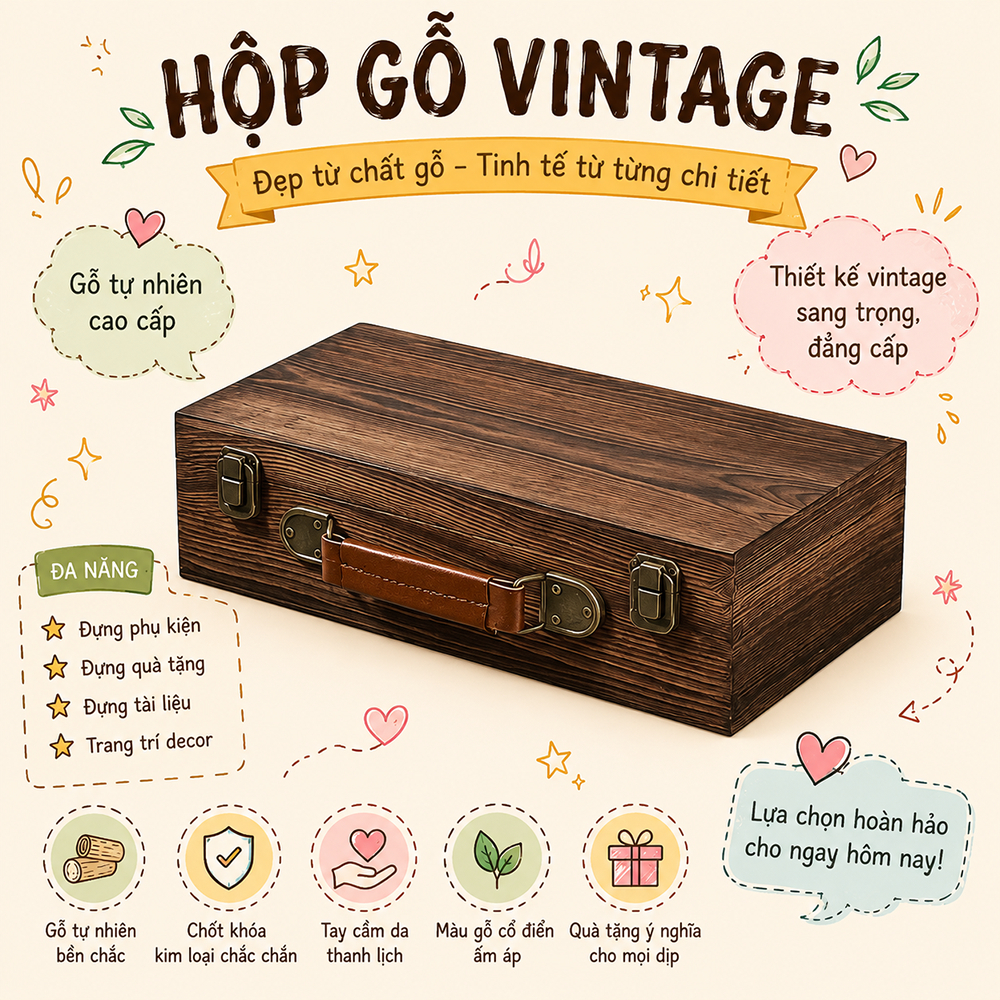 Hộp gỗ kiểu vintage, màu nâu đậm, có nắp gập, thích hợp để đựng trang sức, hộp quà gỗ Hộp quà tết