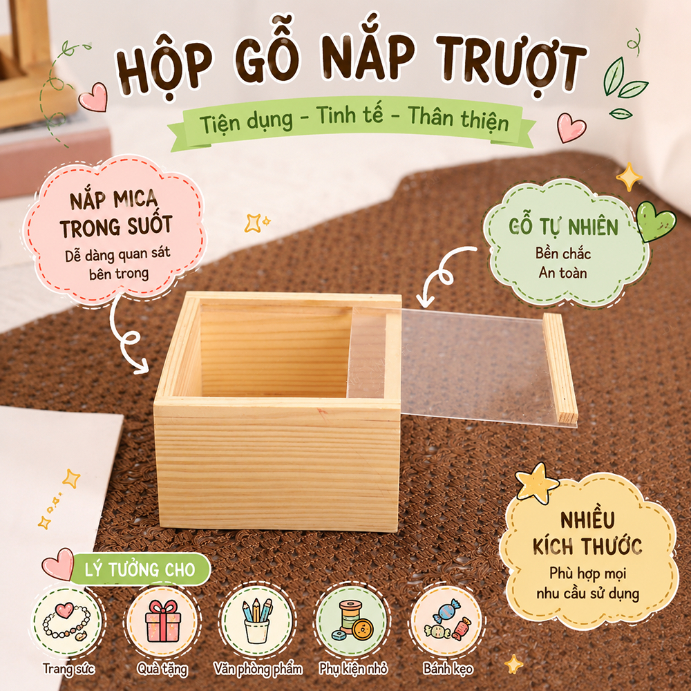 Hộp gỗ nắp trượt mica trong suốt, hộp quà, hộp đựng phụ kiện đa năng