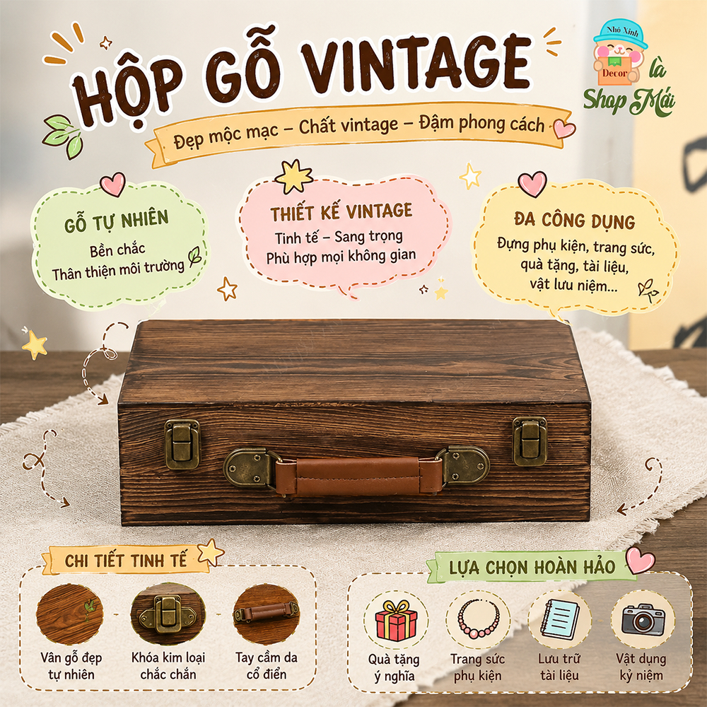 Hộp gỗ kiểu vintage, màu nâu đậm, có nắp gập, thích hợp để đựng trang sức, hộp quà gỗ Hộp quà tết
