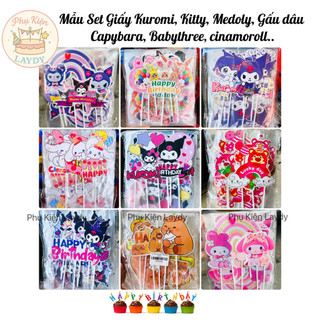 Bịch 10 set giấy hình cắm Tổng Hợp Kuromi, Kitty, Gấu Dâu, cinamollron, capybara- Phụ kiện trang trí bánh sinh nhật