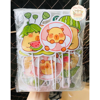 Tượng capybara, bộ 4con và set giấy hình cắm capybara- Phụ kiện trang trí bánh kem