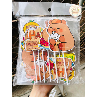 Tượng capybara, bộ 4con và set giấy hình cắm capybara- Phụ kiện trang trí bánh kem
