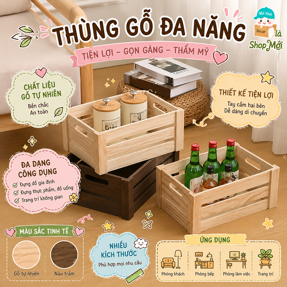 Hộp Gỗ Pallet màu nâu, màu mộc tự nhiên Trang Trí,Thùng Gỗ Đựng Đồ ,Khay Sắp xếp Nhà Cửa Đa Năng