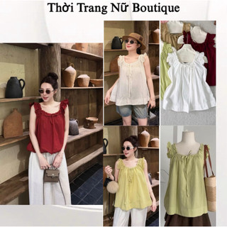 Áo babydoll tiểu thư dáng suông che dáng vải cotton mềm, Áo babydoll nữ bèo nhún dây rút form rộng vintage