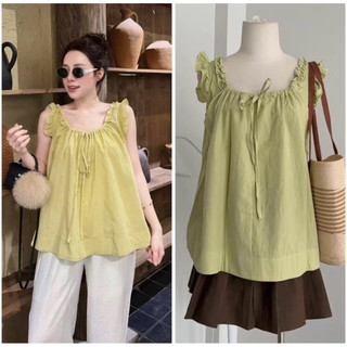 Áo babydoll tiểu thư dáng suông che dáng vải cotton mềm, Áo babydoll nữ bèo nhún dây rút form rộng vintage