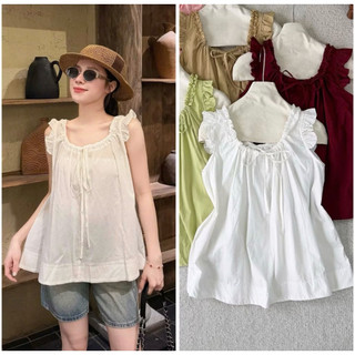 Áo babydoll tiểu thư dáng suông che dáng vải cotton mềm, Áo babydoll nữ bèo nhún dây rút form rộng vintage