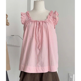 Áo babydoll tiểu thư dáng suông che dáng vải cotton mềm, Áo babydoll nữ bèo nhún dây rút form rộng vintage