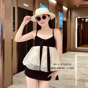 Áo hai dây nữ phối ren tơ bồng bềnh đính nơ phong cách HQ, Áo 2S cup ngực dáng xoè,Áo babydoll phối ren hoa mỏng cao cấp