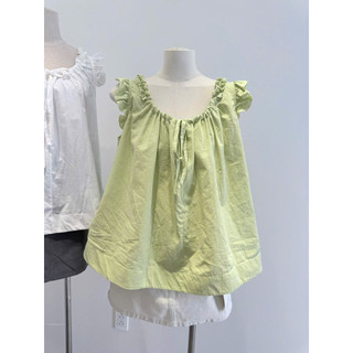 Áo babydoll tiểu thư dáng suông che dáng vải cotton mềm, Áo babydoll nữ bèo nhún dây rút form rộng vintage