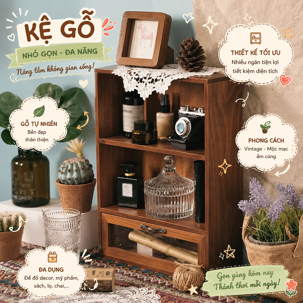 Hộp tủ gỗ để bàn decor trang trí màu nâu óc chó, tủ kệ để phụ kiện đa năng, trang trí quán cafe