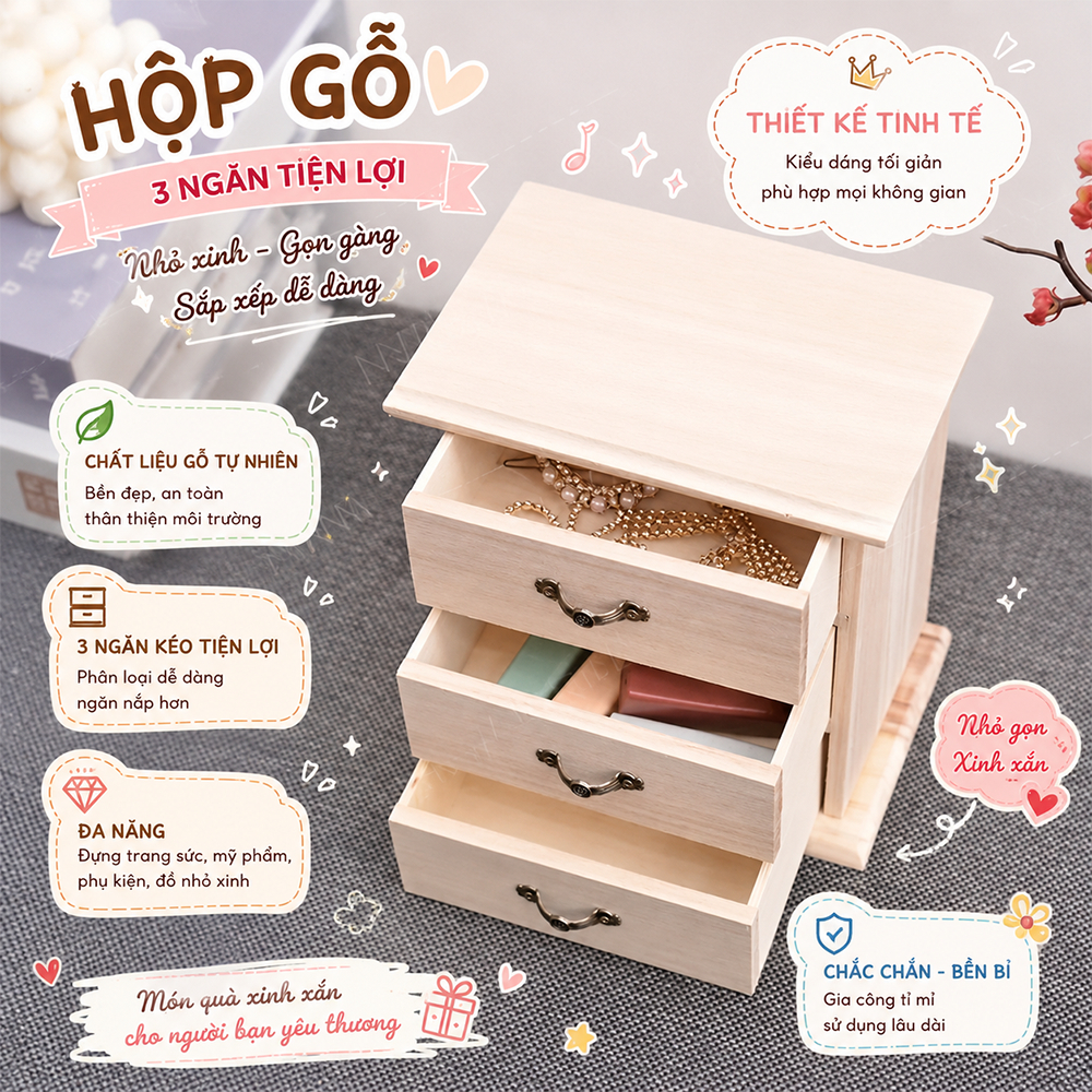 Hộp tủ mini gỗ màu mộc để phụ kiện, đồ trang điểm, nữ trang đa năng 3 ngăn