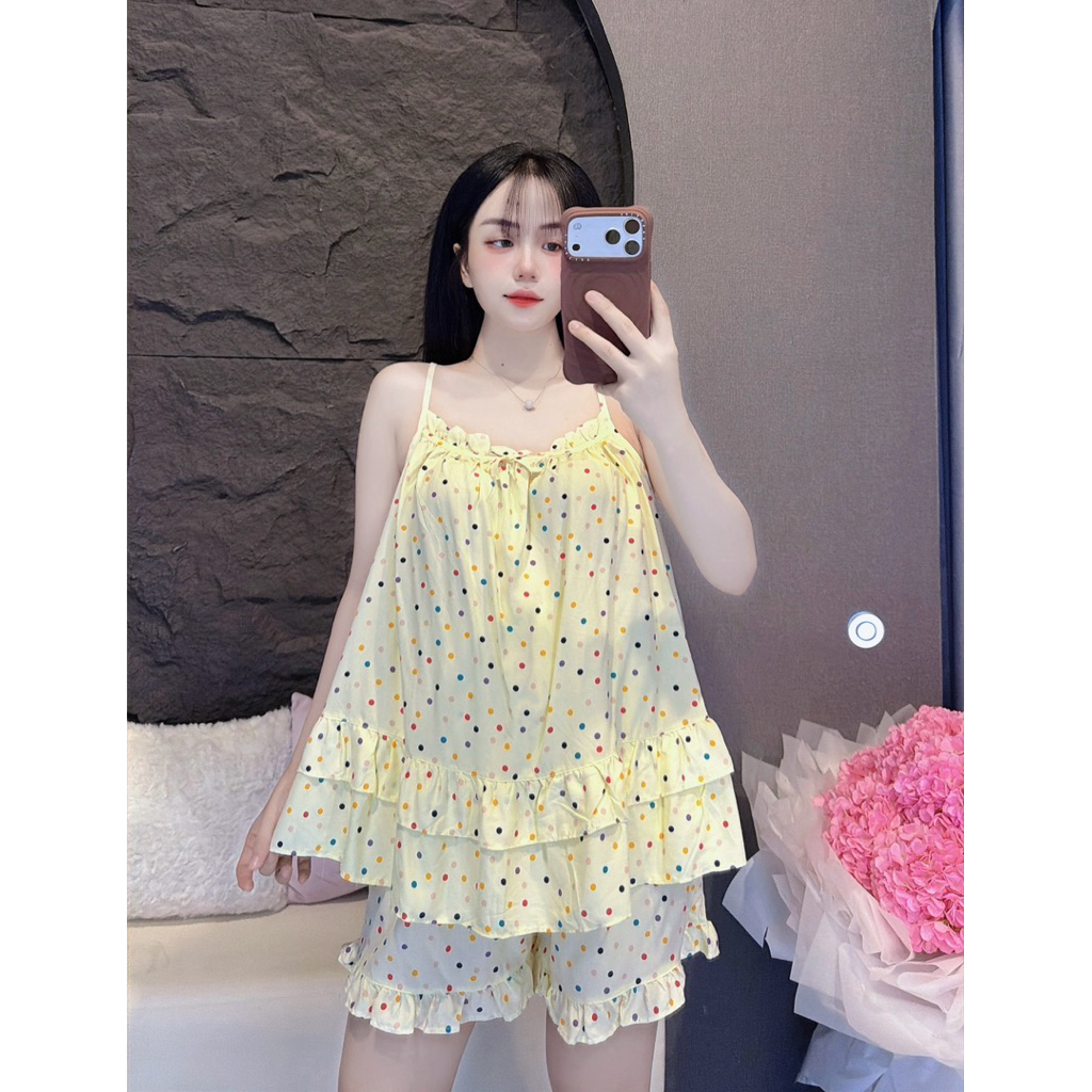 Set Bộ Tole Đùi Hai Dây Bèo Cổ Quần Viền Bèo - HN CLOSET