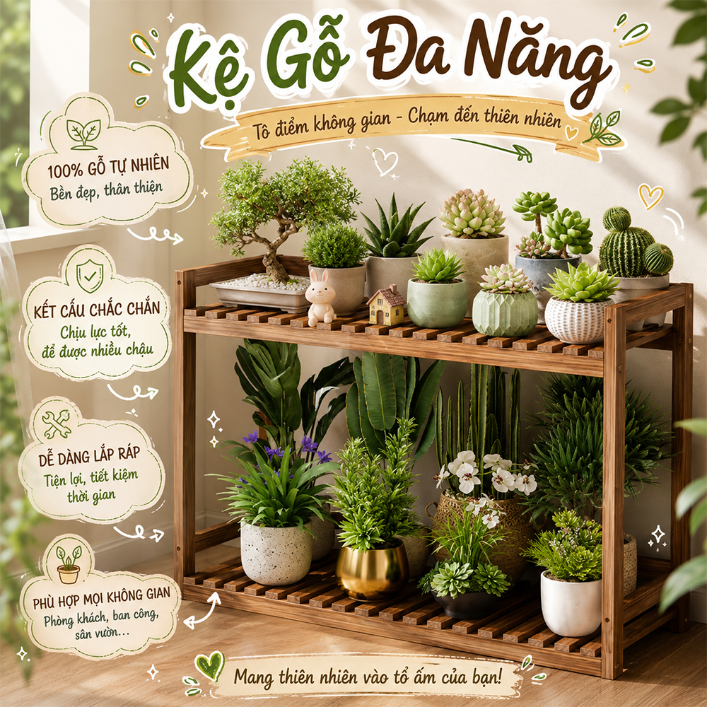 Kệ để cây cảnh mini kệ sen đá, cây xương rồng. Kệ decor trang trí 2 tầng