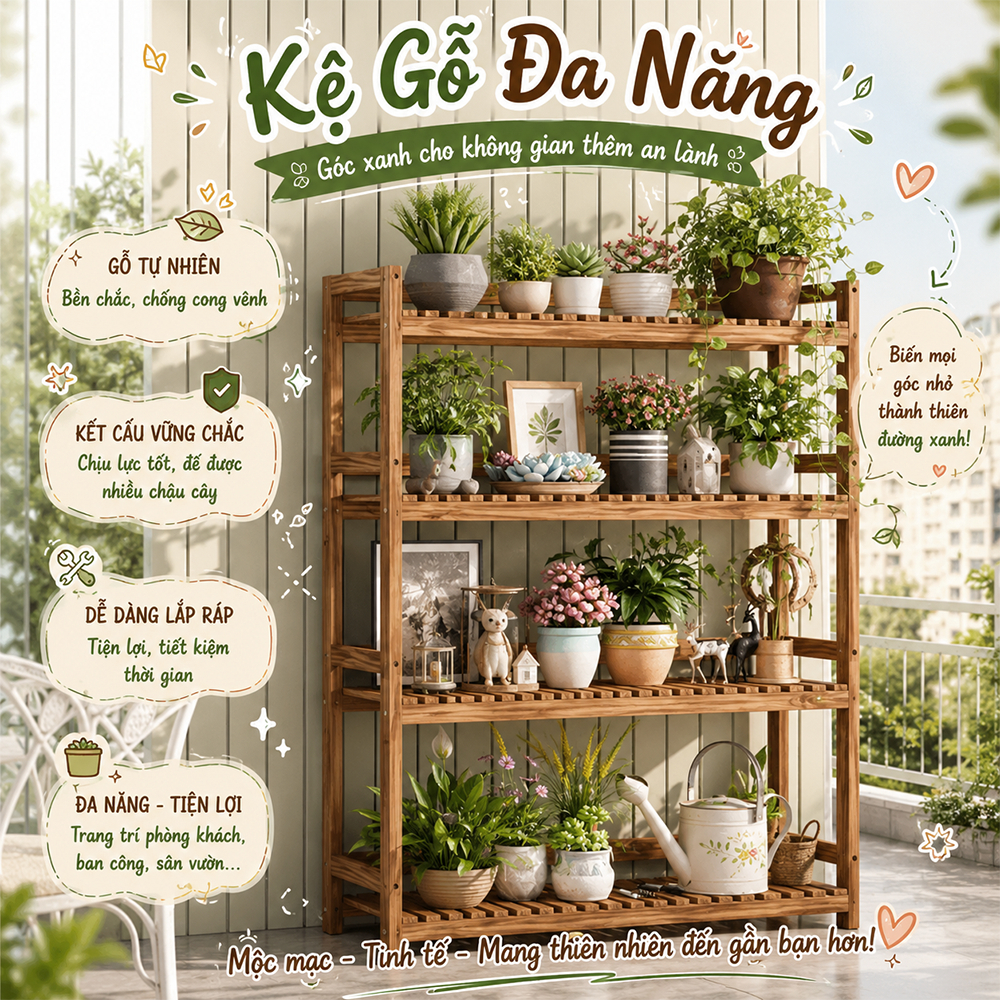 Kệ để cây cảnh mini kệ sen đá, cây xương rồng. Kệ decor trang trí 4 tầng