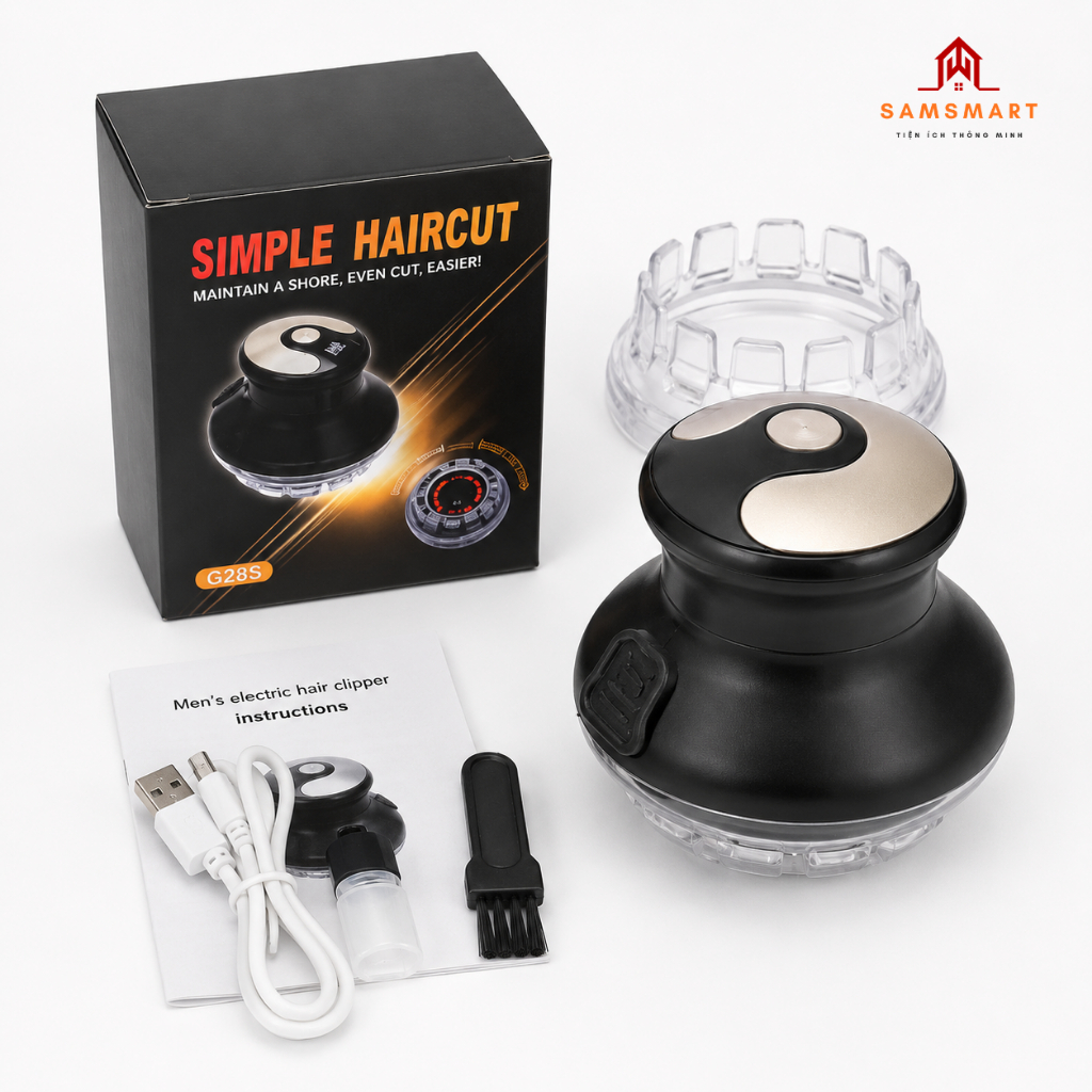 Tông Đơ Tự Cắt Tóc 360° Đĩa Bay - Sạc Type-C, Lưỡi Dao Thép Không Gỉ, 3 Lược Cữ, Cắt Tóc Tại Nhà