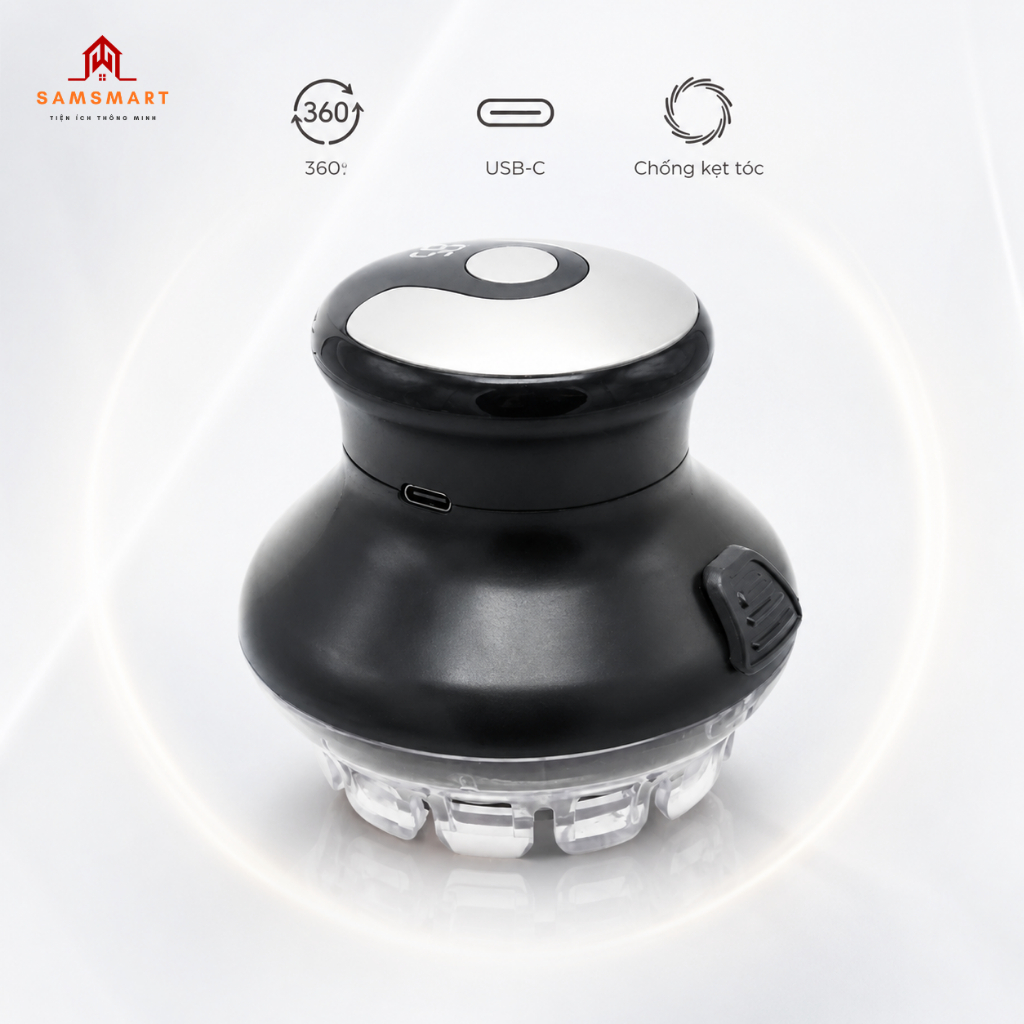 Tông Đơ Tự Cắt Tóc 360° Đĩa Bay - Sạc Type-C, Lưỡi Dao Thép Không Gỉ, 3 Lược Cữ, Cắt Tóc Tại Nhà