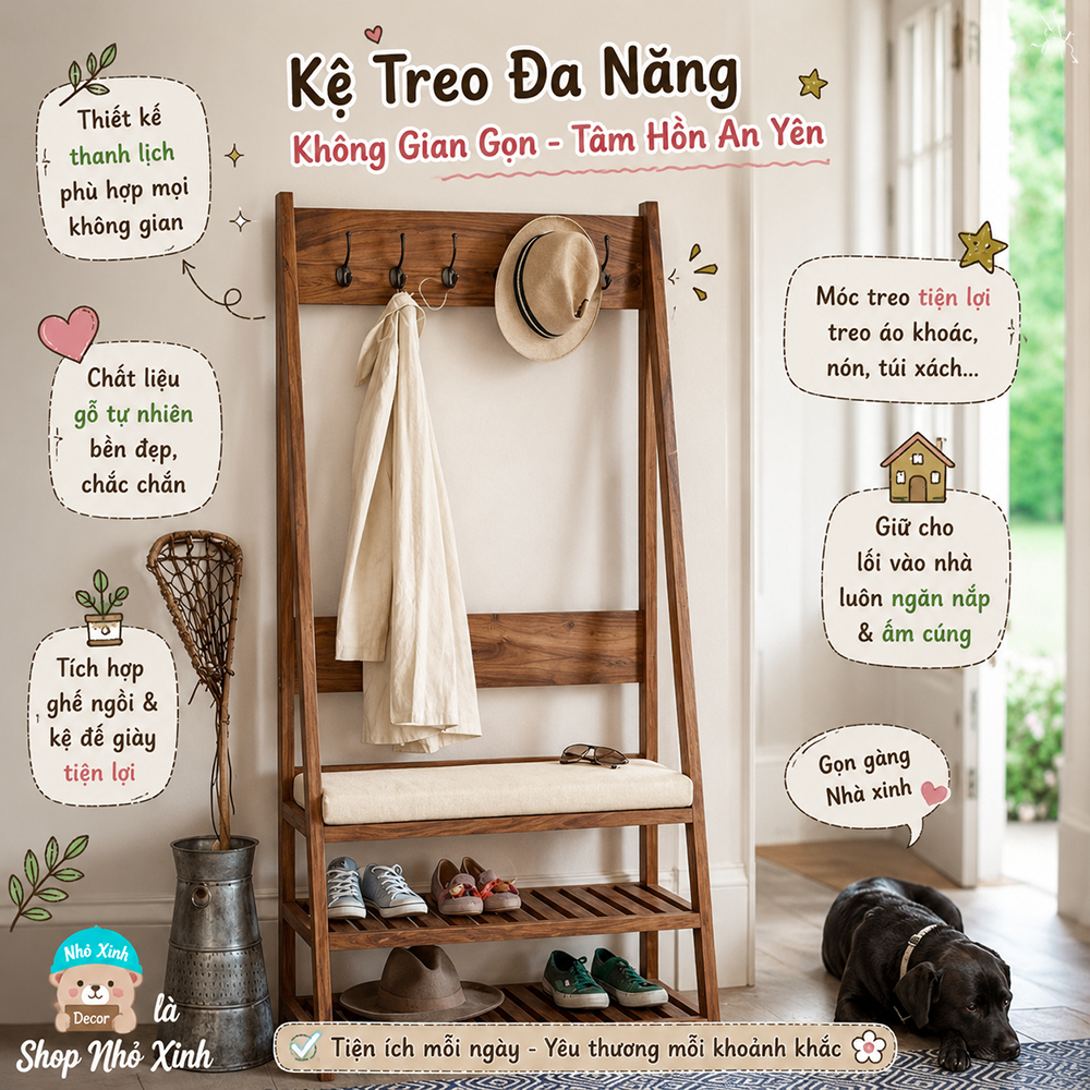 Kệ giày dép, treo quần áo, kệ treo mũ nón phụ kiện túi xách đa năng màu nâu óc chó