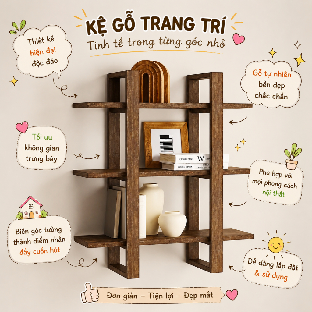 Kệ gỗ 3 tầng treo tường decor trang trí phòng, homestay, quán cafe, kệ sách treo tường