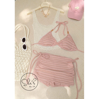 Set Bikini 3 Món: Bra Kẻ + Quần Váy Nhún + Áo Ren Chuẩn She’s