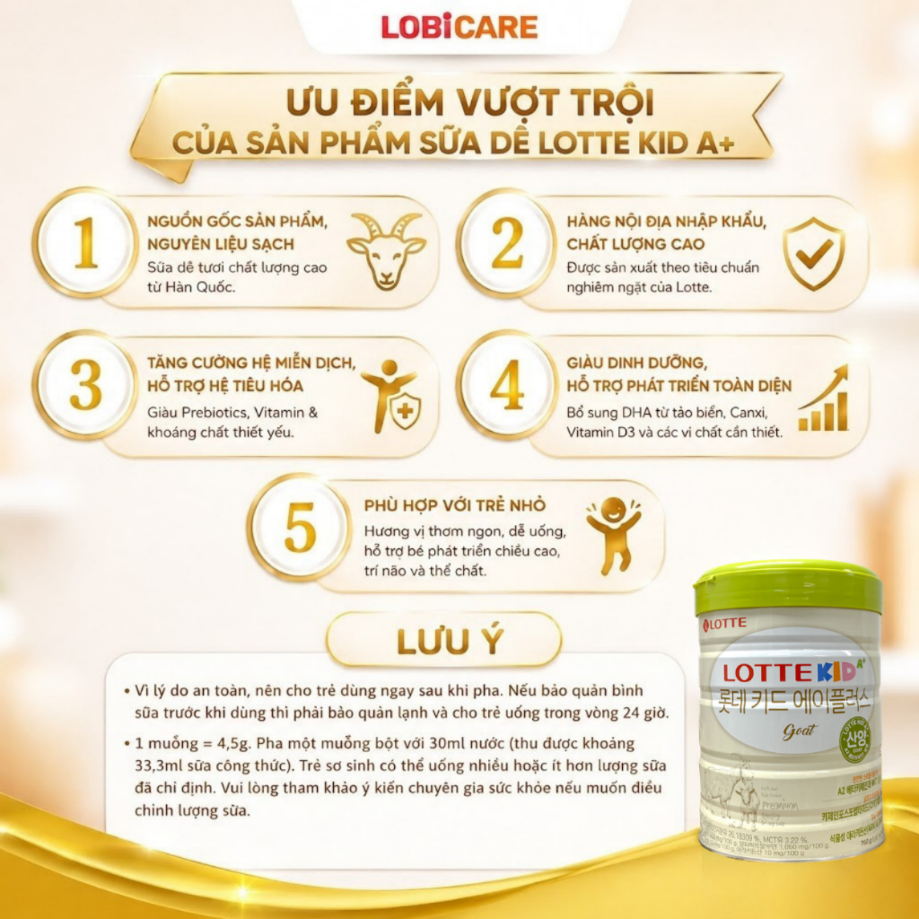 Sữa Dê Lotte Kid A+ Chính Hãng Lon 760G [ DATE T7/2027 ] – Giúp Bé Cao Lớn Khỏe Mạnh và Phát Triển Trí Não