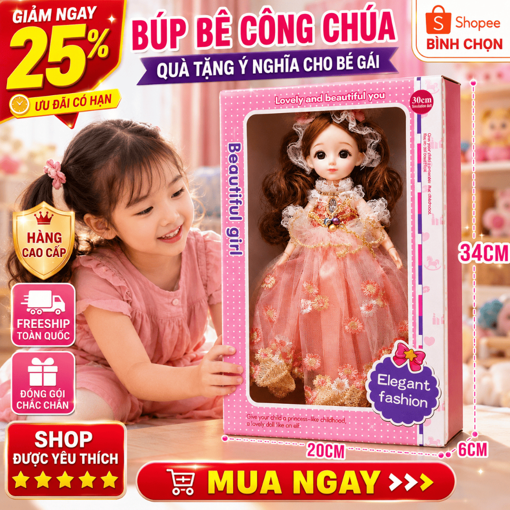 Búp Bê Công Chúa 30cm Váy Hoa Cao Cấp Tóc Dài Đồ Chơi Bé Gái Búp Bê Thời Trang Quà Tặng