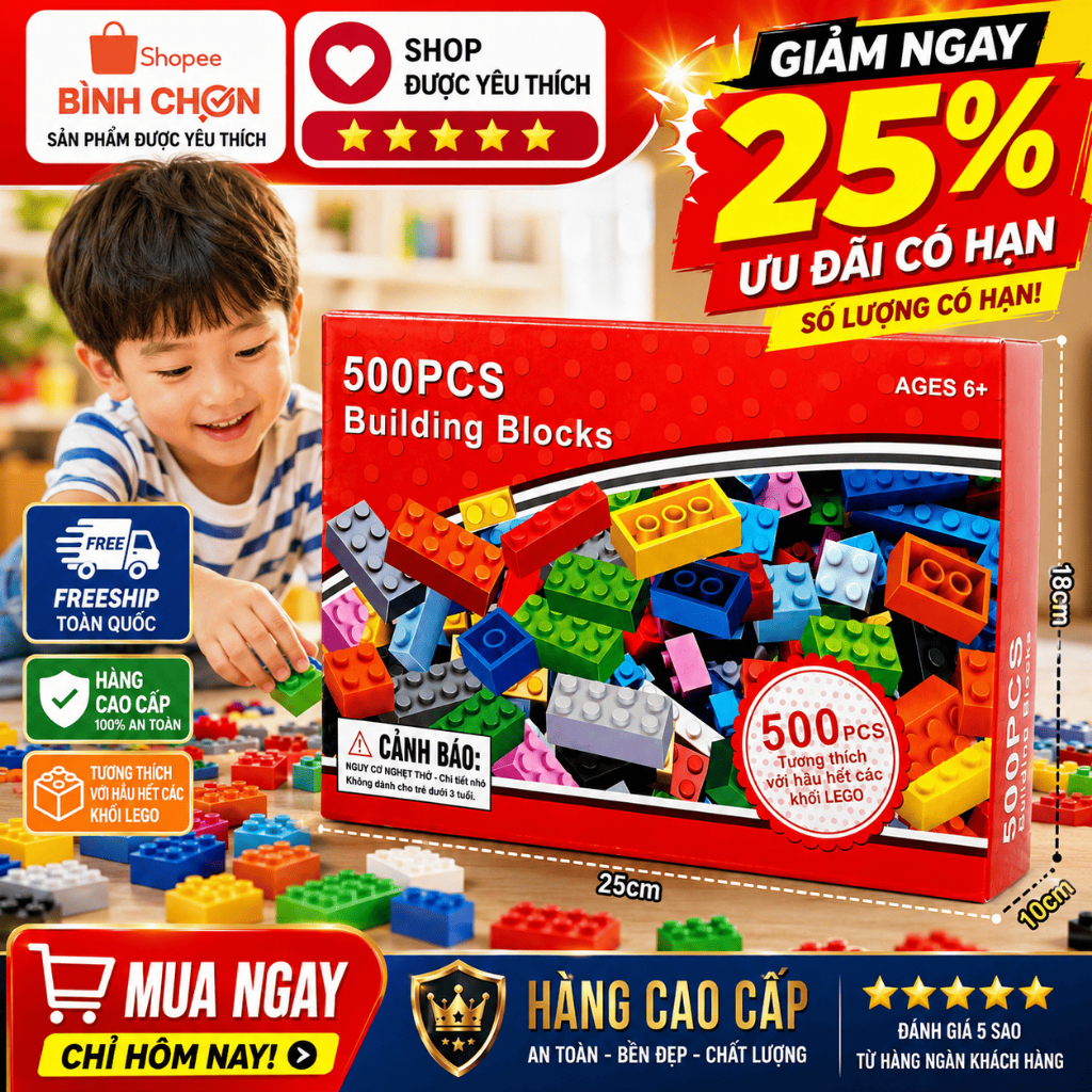 Bộ Xếp Hình 500 Chi Tiết Building Blocks Gạch Lắp Ráp Đồ Chơi STEM Phát Triển Tư Duy Cho Bé