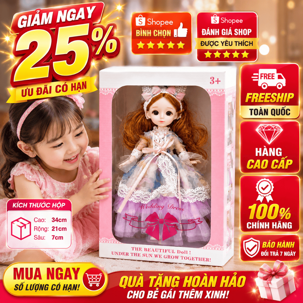 Búp Bê Công Chúa Váy Cưới Cao Cấp - Đồ Chơi Búp Bê Thời Trang Cho Bé Gái Kèm Hộp Quà