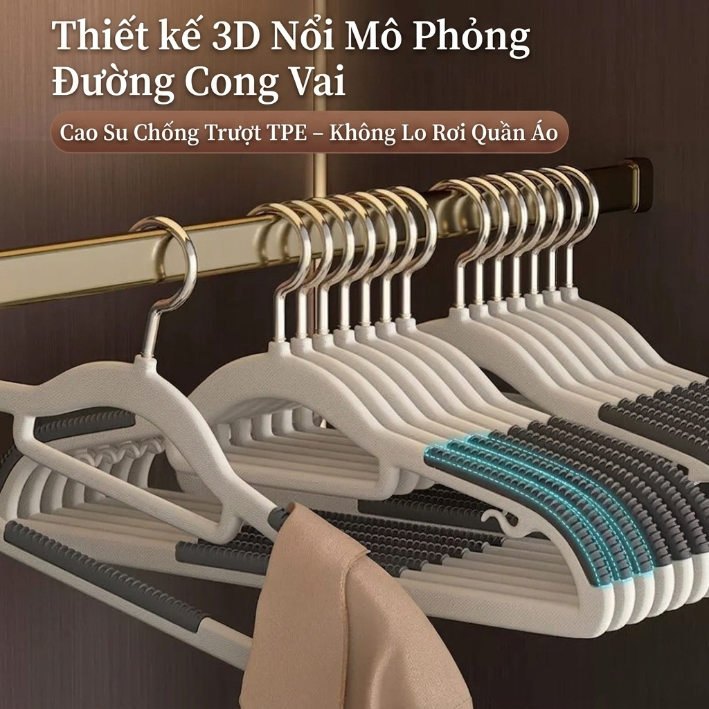 [ Combo 10-20-50 ] Móc Nhựa Treo Quần Áo Xoay 360 Độ – Chống Trượt, Chống Nhăn, Đệm Vai Cao Su