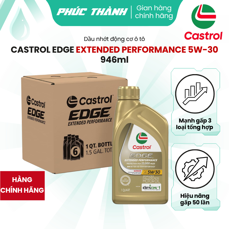 Thùng 6 Chai Dầu Nhớt Tổng Hợp Toàn Phần Ô-Tô CASTROL EDGE EP 5W30 946ml Nhập Khẩu USA - Chính Hãng
