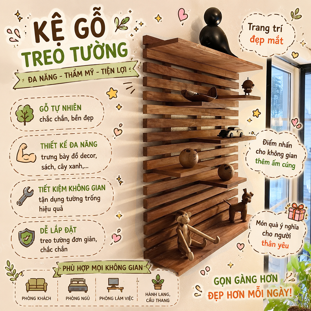 Kệ gỗ treo tường đa năng, kệ decor, trang trí decor trước bàn làm việc, kệ nan gỗ trang trí decor cây cảnh mini