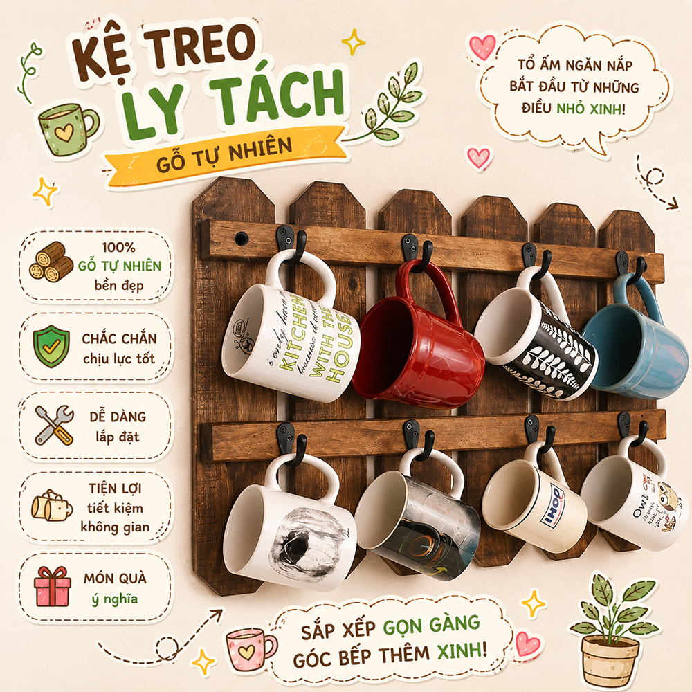 Kệ treo ly, để ly cốc decor trang trí bếp, quán cafe, nhà hàng, homestay