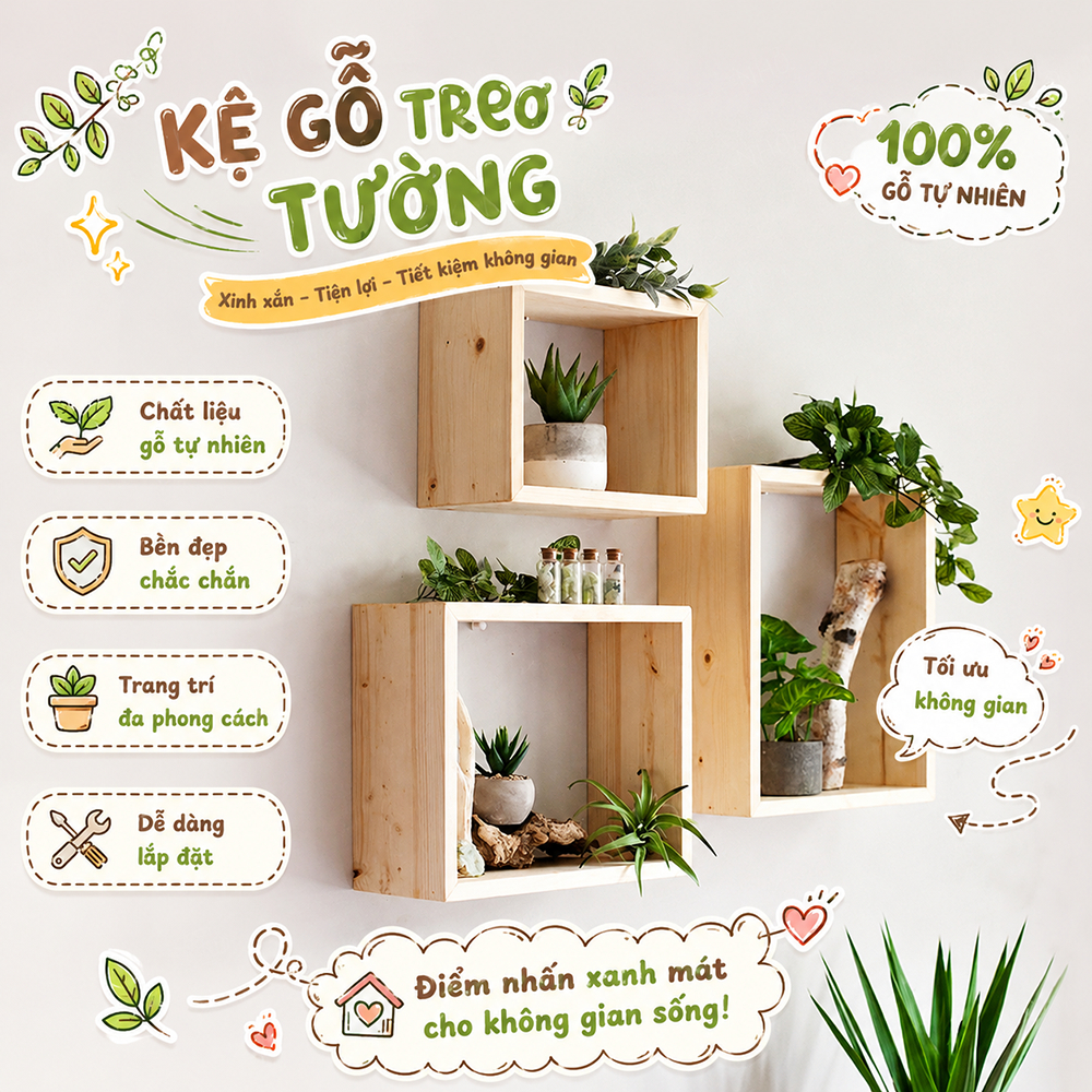 Kệ gỗ vuông, chữ nhật treo tường trang trí decor, kệ trang trí cây cảnh mini