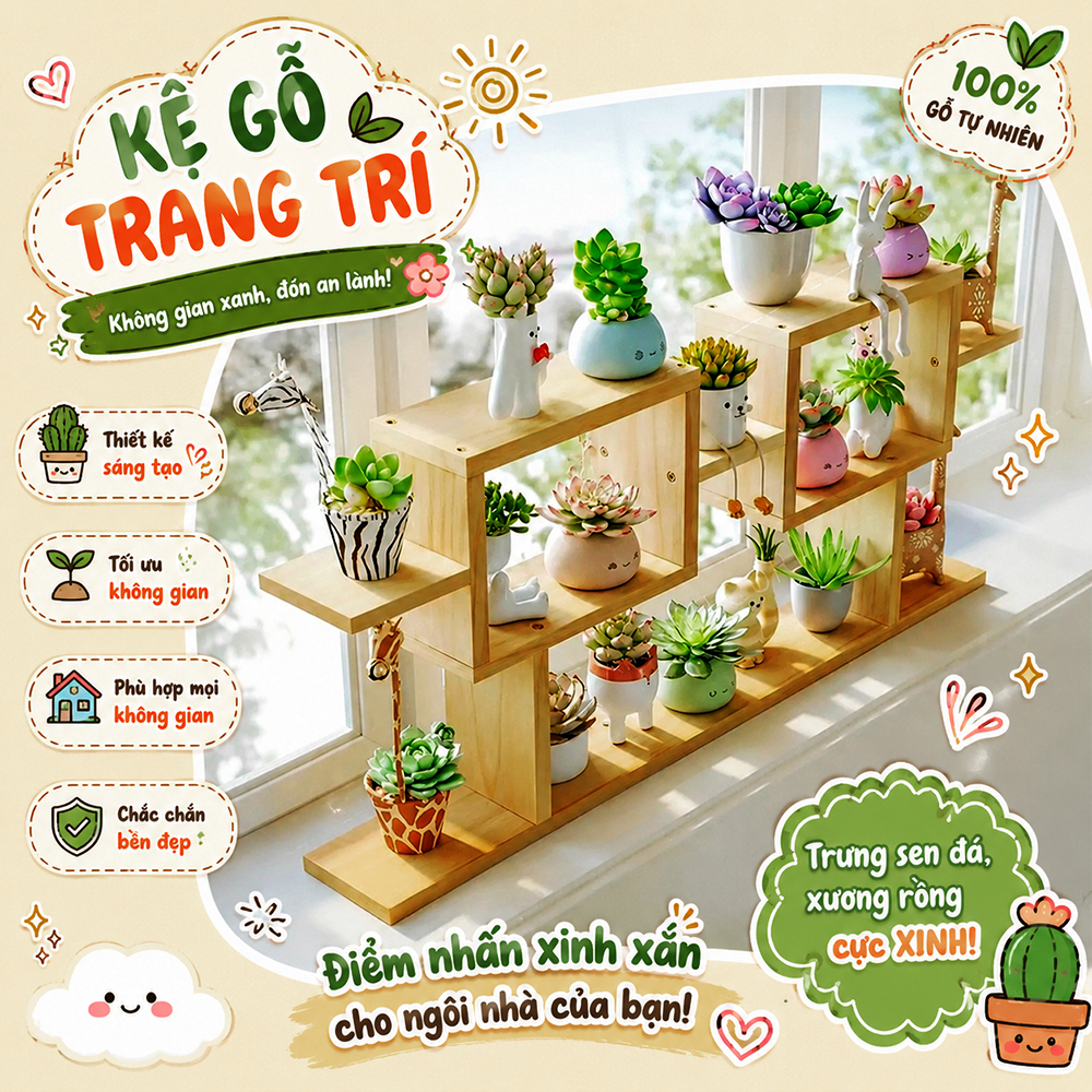 Kệ gỗ decor trang trí nhà cửa ban công, cửa sổ nhà ở, chung cư, kệ để cây sen đá, xương rồng, cây cảnh mini, kệ mô hình