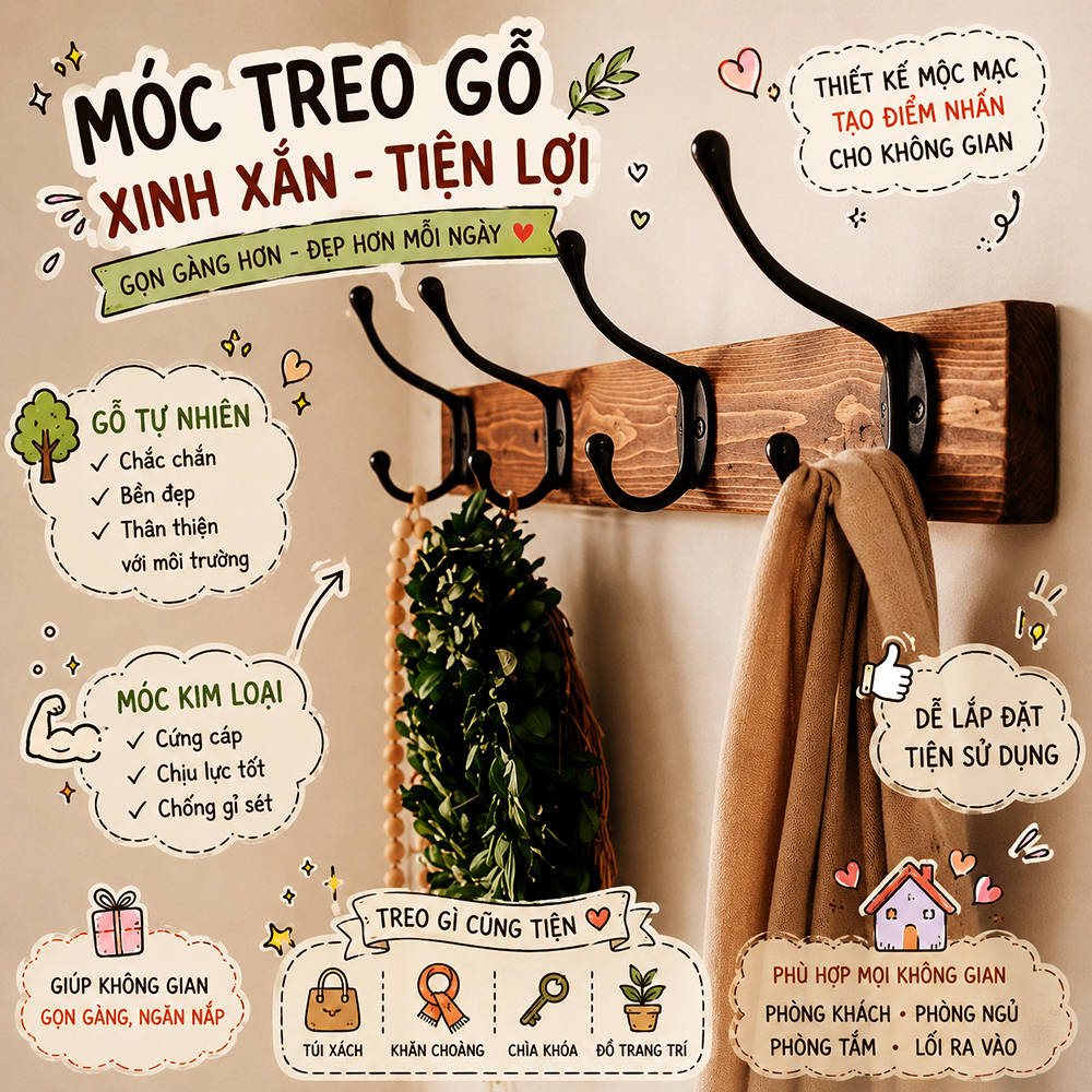 Kệ gỗ móc treo quần áo, mũ nón phụ kiện đa năng, kệ màu nâu vintage